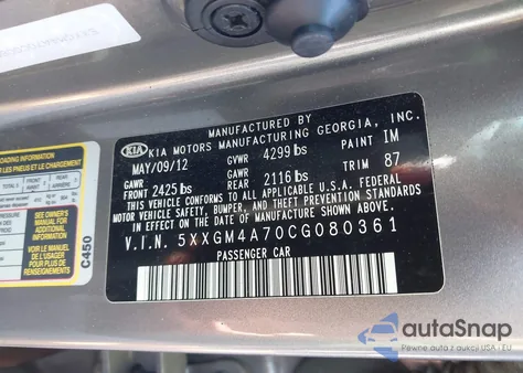 2012 Kia Optima Lx from USA, damaged, VIN 5XXGM4A70CG080361